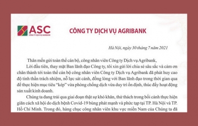 Thư của Tổng Giám đốc động viên CBCNV Công ty Dịch vụ Agribank